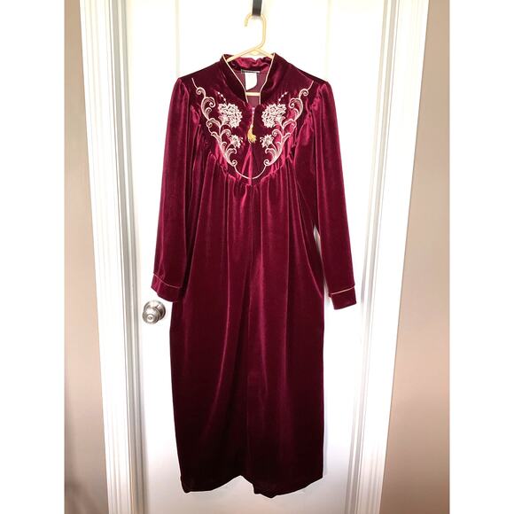 VTG Amanda Stewart Embroidered Floral Half Zip Jasmine Rose Robe Maroon Medium - Picture 1 of 8